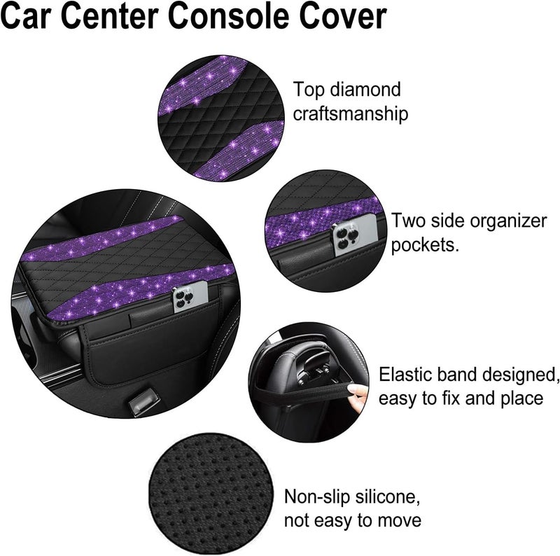 NBTEPEM Bling Purple Car Center Console Cover, Leather Middle Console Cover with 2 Storage Bags, Universal Arm Rest Cover, Bling Car Accessories Interior Fit for Most Vehicles, Purple Diamond - Image 3